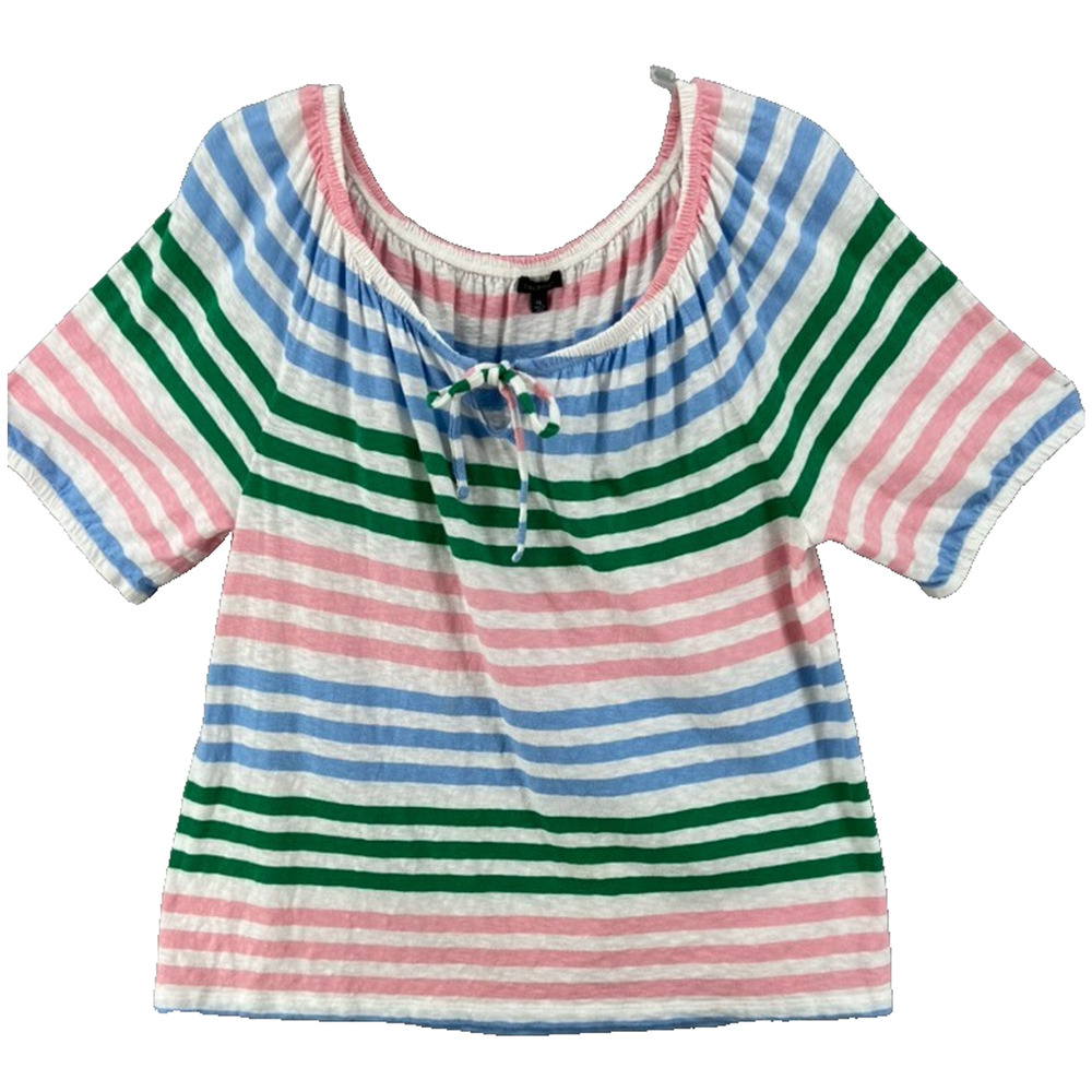Talbots Shirt Sz XL 100% Cotton Blue Pink Striped 3/4 Sleeve Elastic Neck Knit